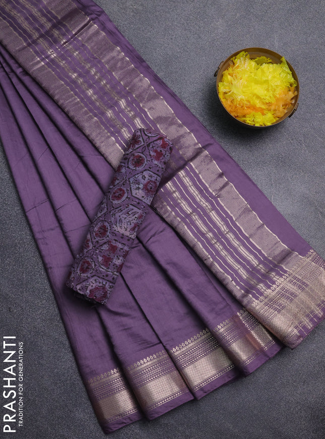 Semi chanderi saree pastel lavender and beige with plain body and zari woven border