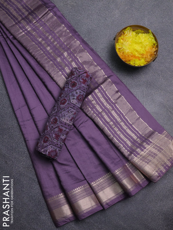 Semi chanderi saree pastel lavender and beige with plain body and zari woven border