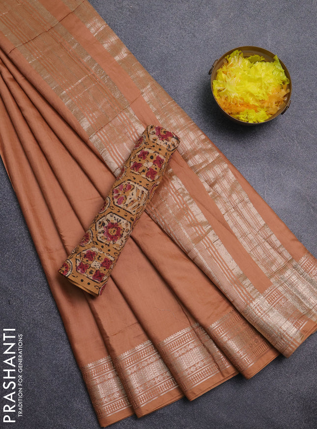 Semi chanderi saree rust shade and beige with plain body and zari woven border