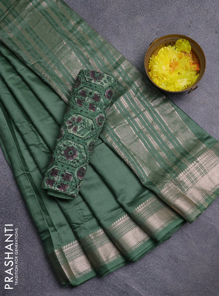 Semi chanderi saree green and beige with plain body and zari woven border