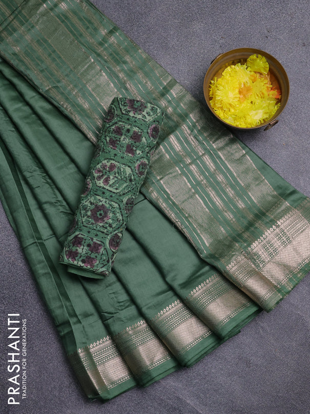 Semi chanderi saree green and beige with plain body and zari woven border