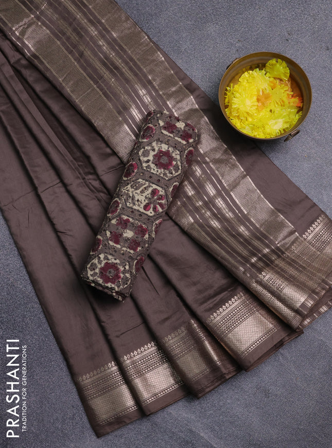 Semi chanderi saree brown and beige with plain body and zari woven border