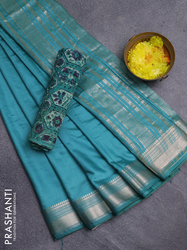 Semi chanderi saree teal green and beige with plain body and zari woven border