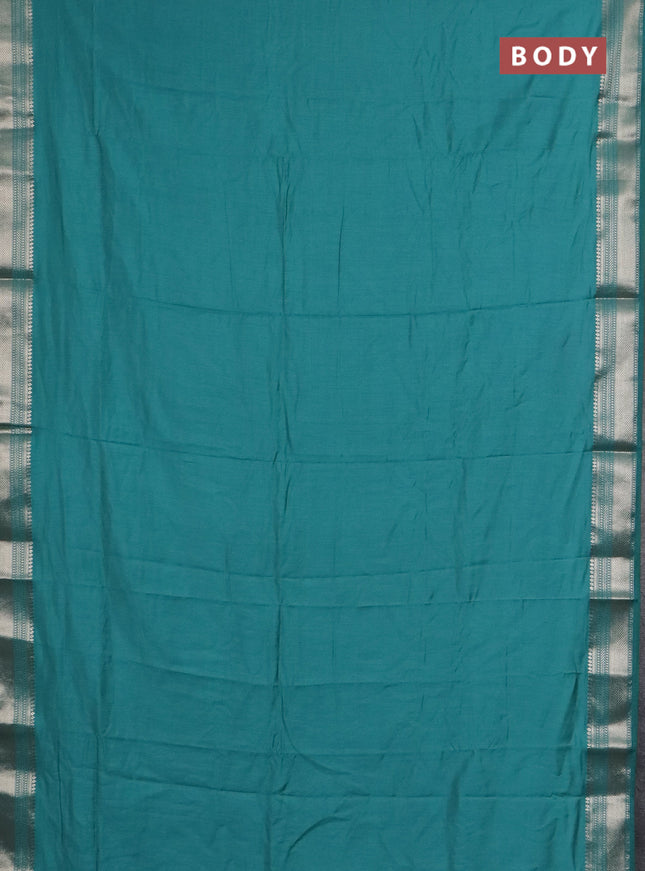 Semi chanderi saree teal green and beige with plain body and zari woven border