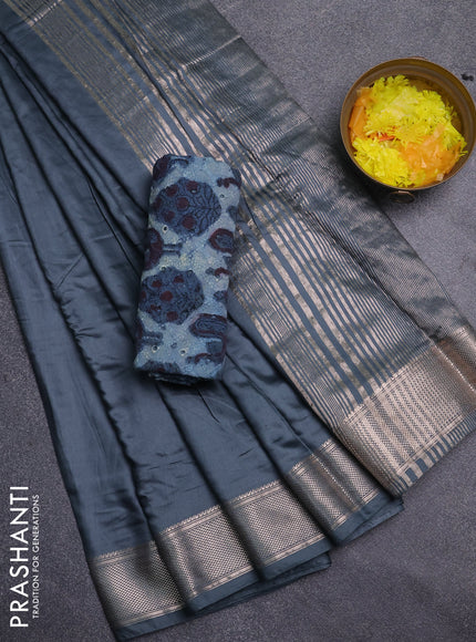 Semi chanderi saree dark grey and beige with plain body and zari woven border