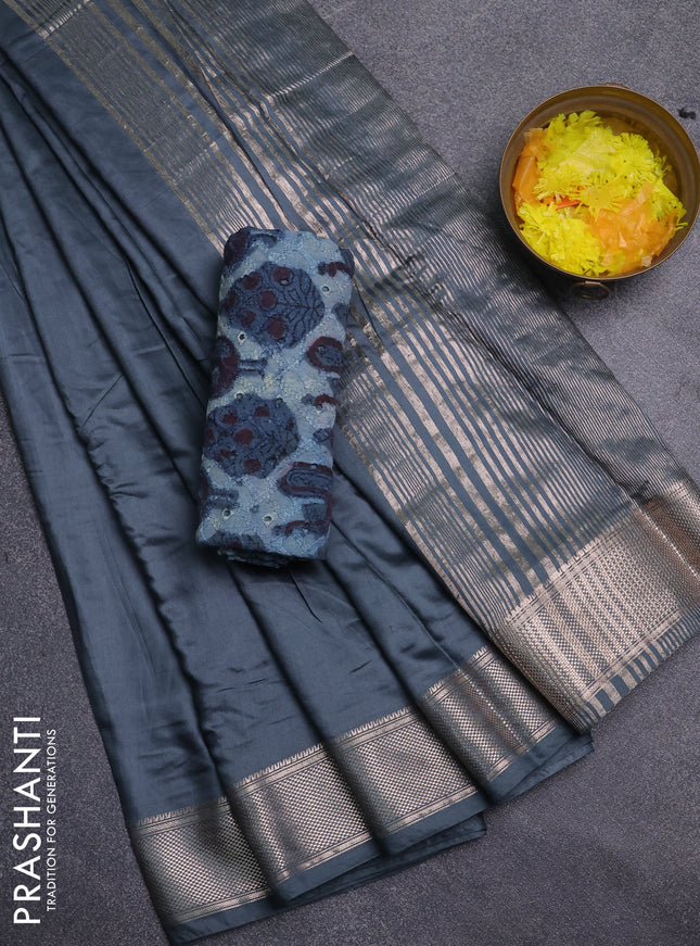 Semi chanderi saree dark grey and beige with plain body and zari woven border