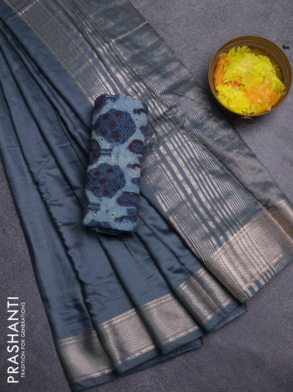 Semi chanderi saree dark grey and beige with plain body and zari woven border