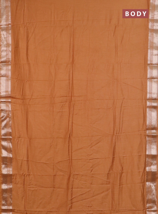 Semi chanderi saree dark sandal and beige with plain body and zari woven border