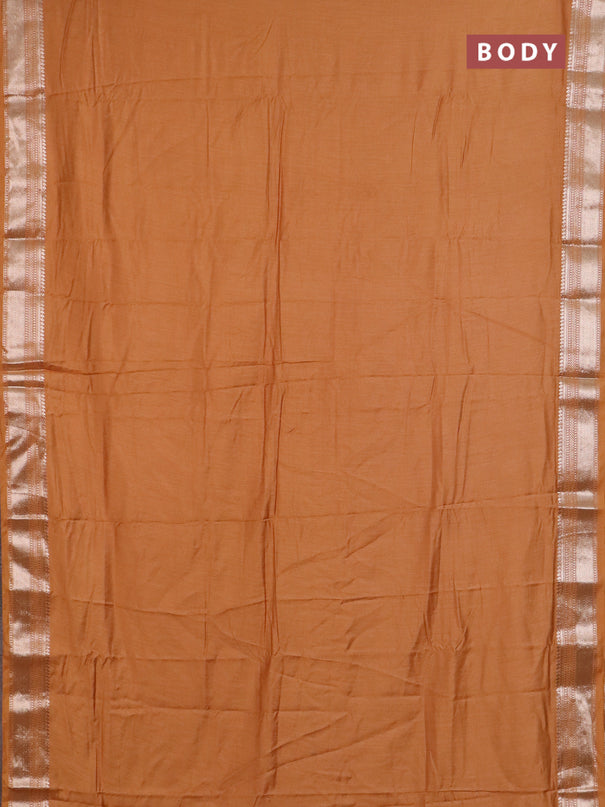 Semi chanderi saree dark sandal and beige with plain body and zari woven border