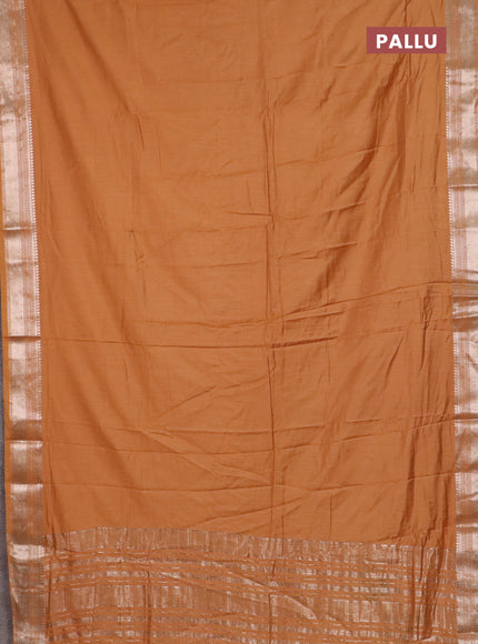 Semi chanderi saree dark sandal and beige with plain body and zari woven border