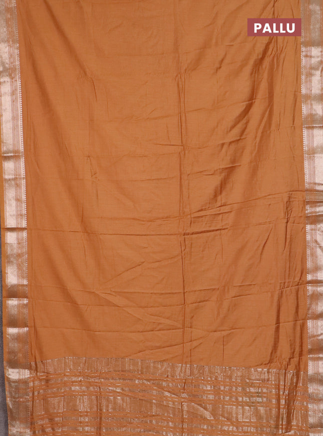 Semi chanderi saree dark sandal and beige with plain body and zari woven border