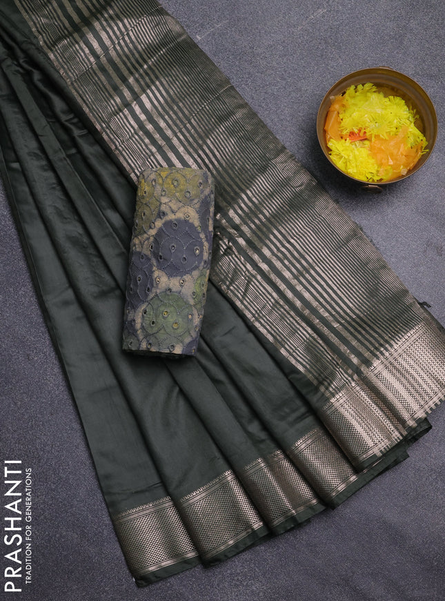 Semi chanderi saree bottle green and beige with plain body and zari woven border