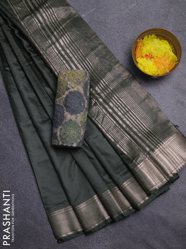 Semi chanderi saree bottle green and beige with plain body and zari woven border