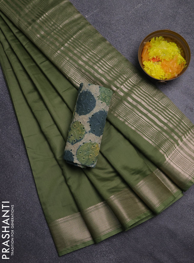 Semi chanderi saree light green and beige with plain body and zari woven border
