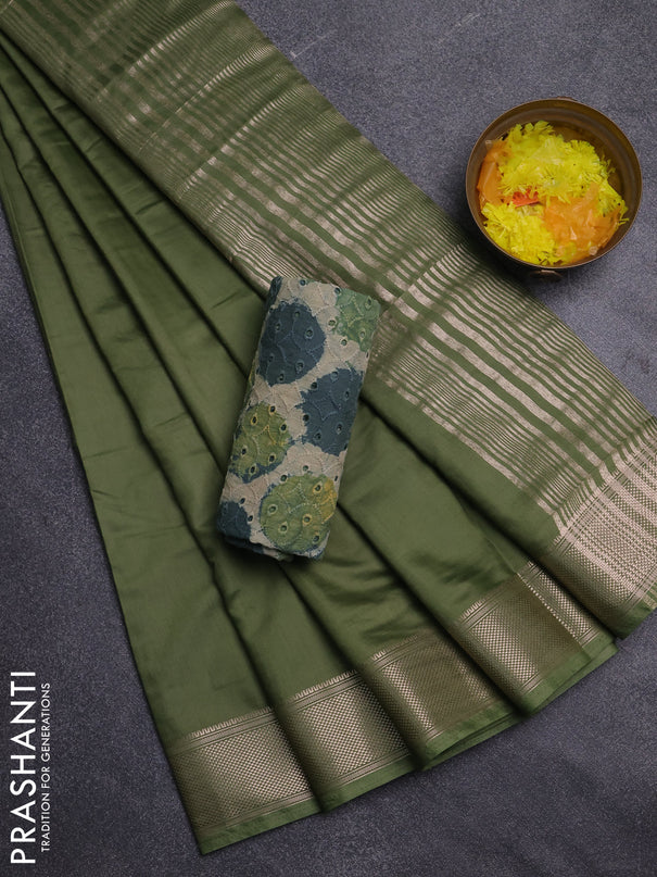 Semi chanderi saree light green and beige with plain body and zari woven border