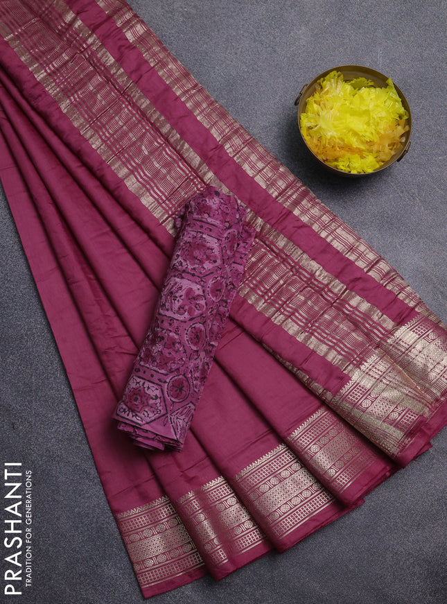 Semi chanderi saree mauve pink and beige with plain body and zari woven border