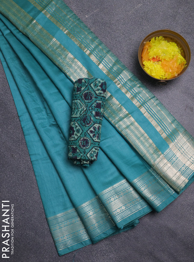 Semi chanderi saree teal green and beige with plain body and zari woven border