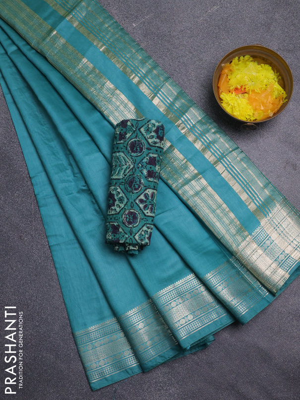 Semi chanderi saree teal green and beige with plain body and zari woven border