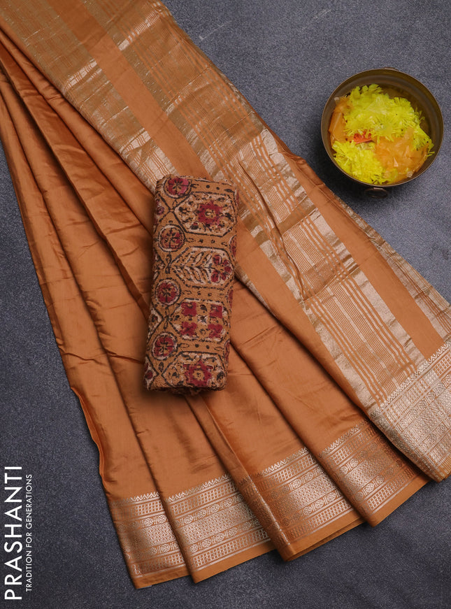 Semi chanderi saree rust shade and beige with plain body and zari woven border