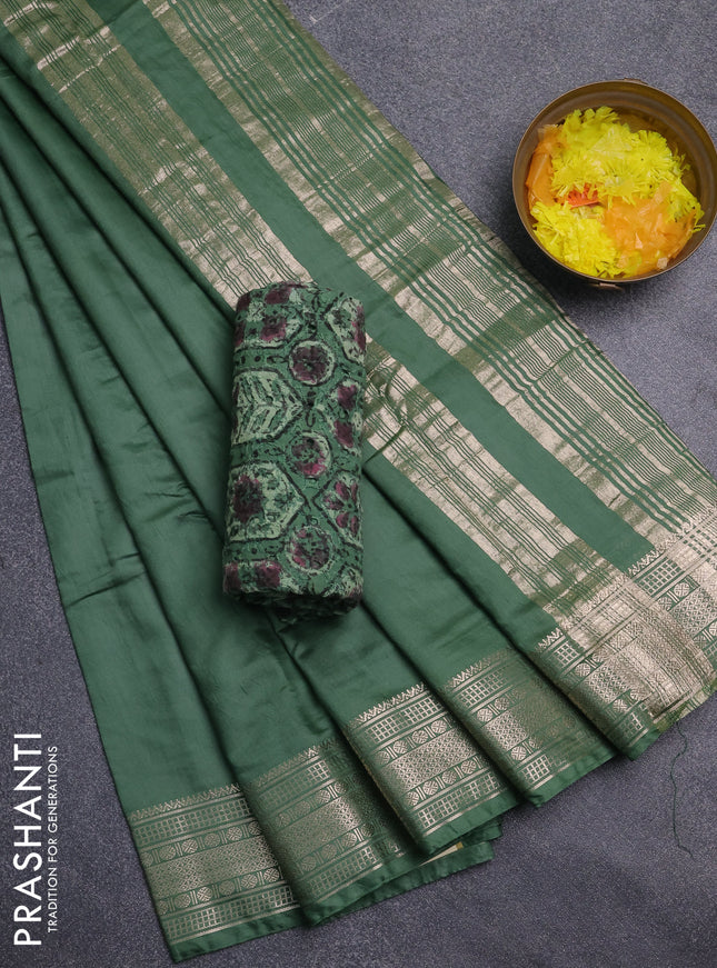 Semi chanderi saree green and beige with plain body and zari woven border