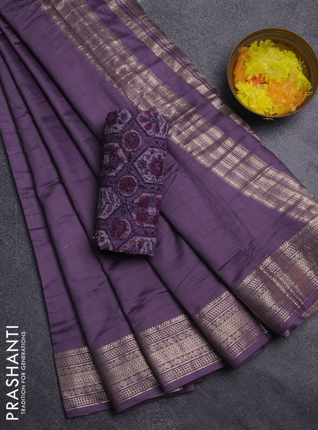 Semi chanderi saree purple and beige with plain body and zari woven border