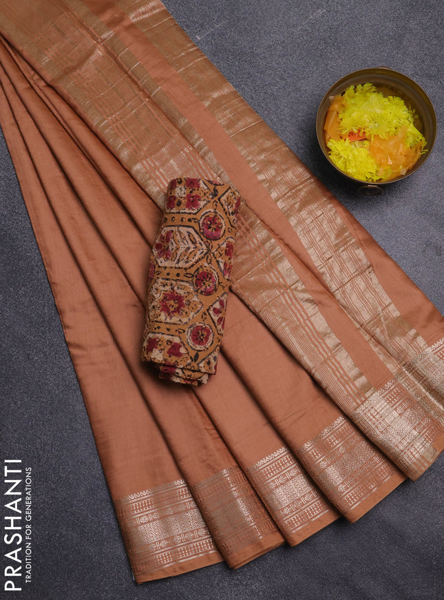 Semi chanderi saree rust shade and beige with plain body and zari woven border