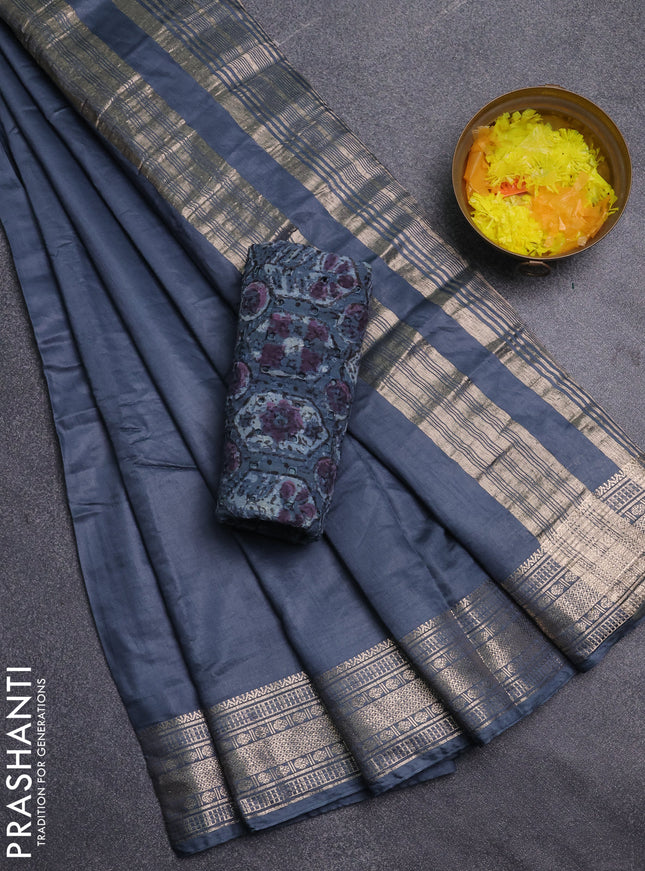 Semi chanderi saree grey and beige with plain body and zari woven border