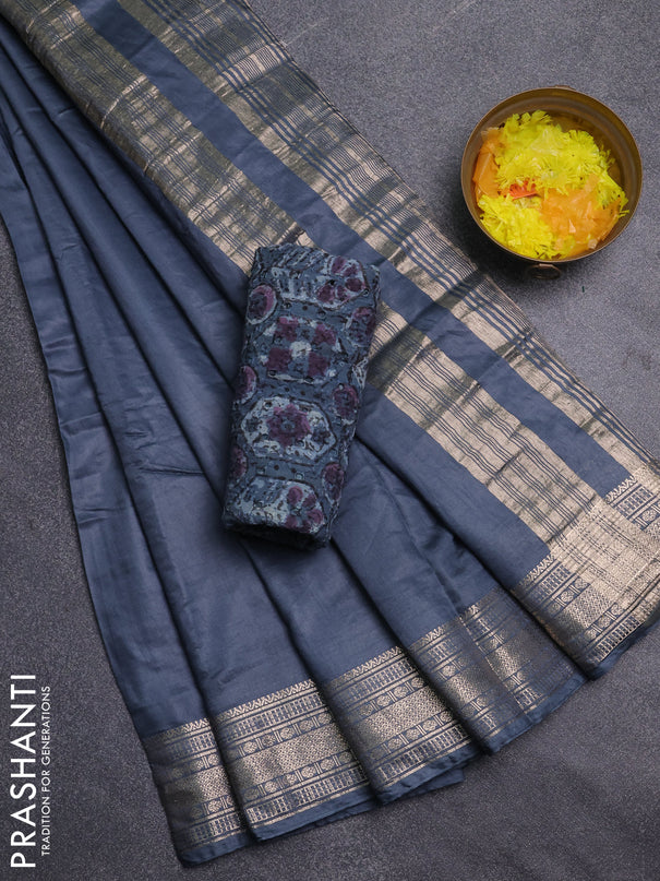 Semi chanderi saree grey and beige with plain body and zari woven border
