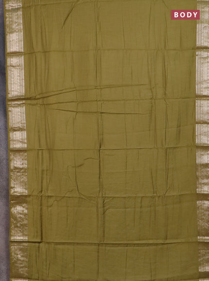 Semi chanderi saree mehendi green and beige with plain body and zari woven border