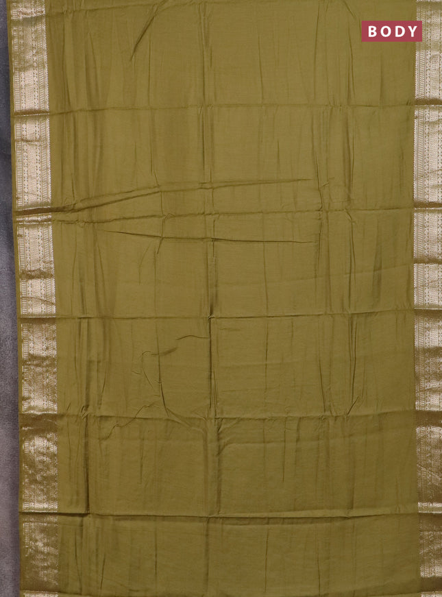 Semi chanderi saree mehendi green and beige with plain body and zari woven border