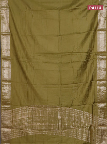 Semi chanderi saree mehendi green and beige with plain body and zari woven border