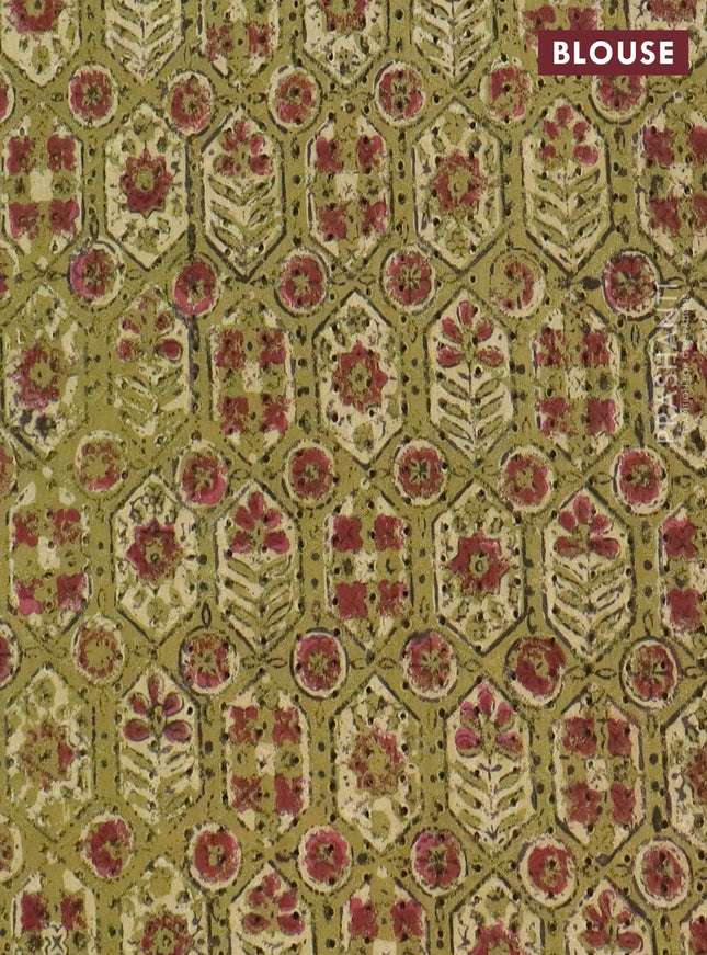 Semi chanderi saree mehendi green and beige with plain body and zari woven border