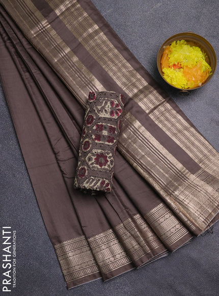 Semi chanderi saree brown and beige with plain body and zari woven border