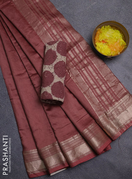 Semi chanderi saree brown and beige with plain body and zari woven border