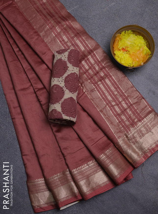 Semi chanderi saree brown and beige with plain body and zari woven border