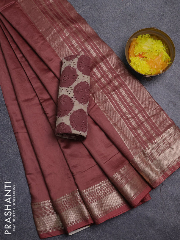 Semi chanderi saree brown and beige with plain body and zari woven border