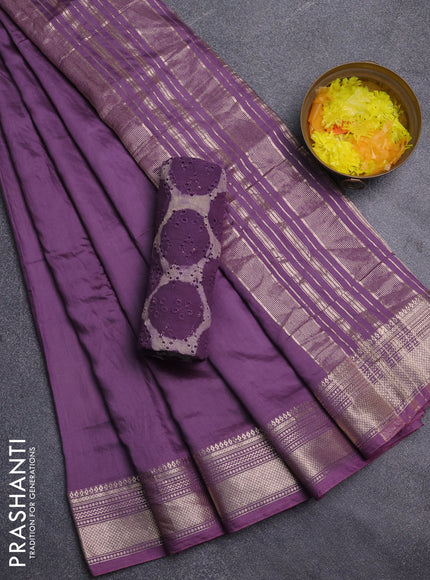 Semi chanderi saree violet and beige with plain body and zari woven border