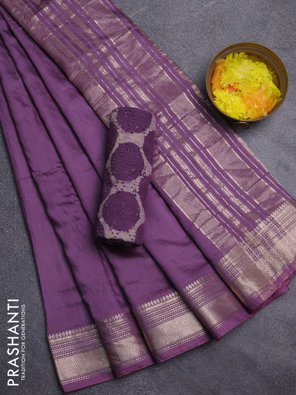 Semi chanderi saree violet and beige with plain body and zari woven border