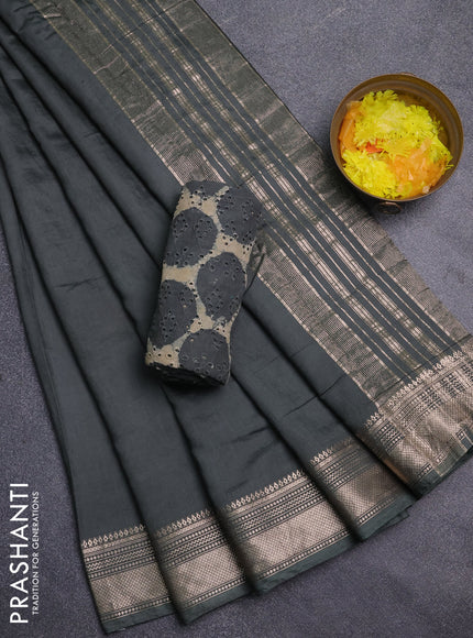 Semi chanderi saree green and beige with plain body and zari woven border