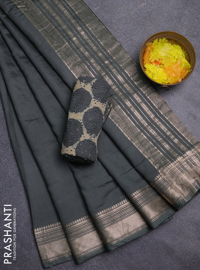 Semi chanderi saree green and beige with plain body and zari woven border