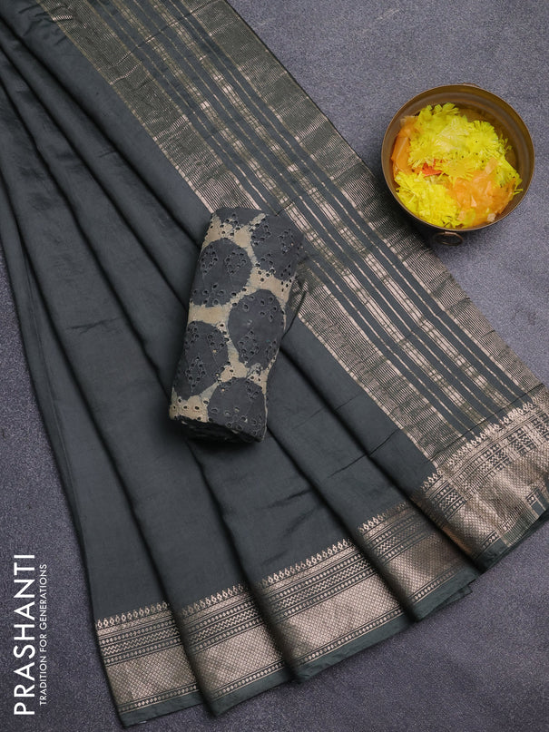 Semi chanderi saree green and beige with plain body and zari woven border