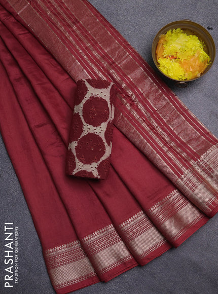 Semi chanderi saree rust shade and beige with plain body and zari woven border