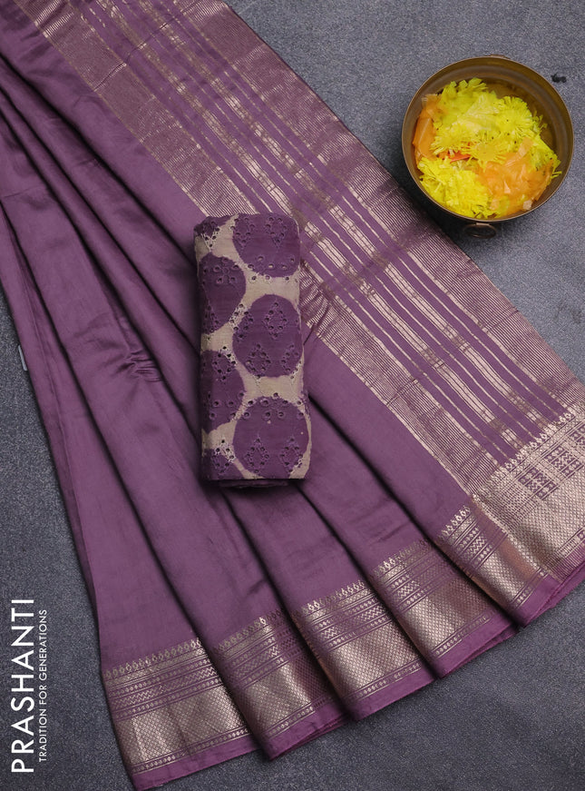 Semi chanderi saree wine shade and beige with plain body and zari woven border