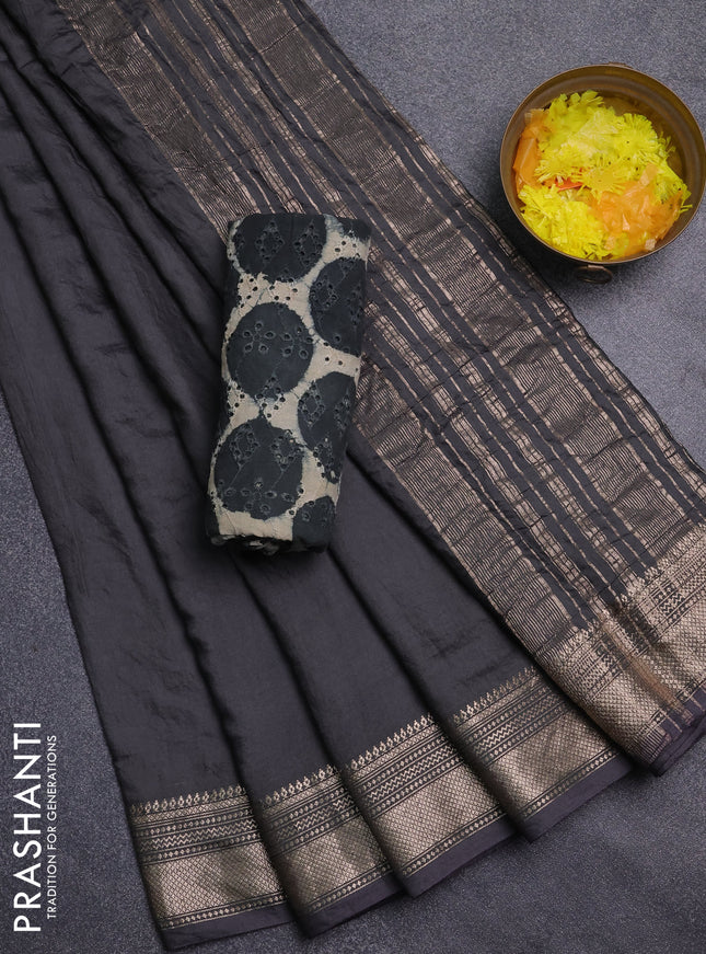 Semi chanderi saree elephant grey and beige with plain body and zari woven border