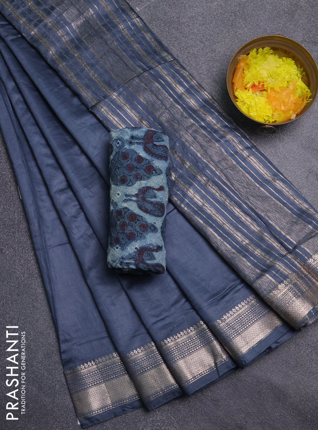 Semi chanderi saree grey and grey with plain body and zari woven border