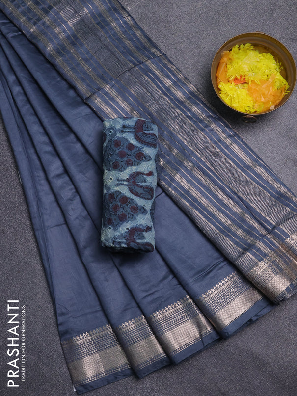 Semi chanderi saree grey and grey with plain body and zari woven border