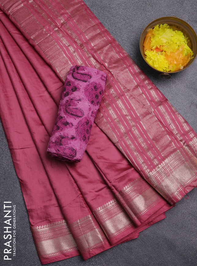 Semi chanderi saree mauve pink and pink with plain body and zari woven border