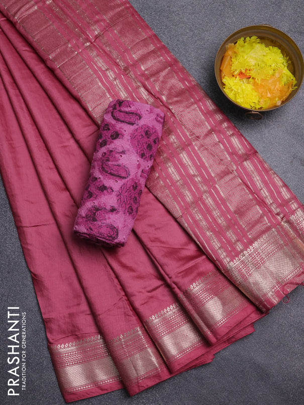 Semi chanderi saree mauve pink and pink with plain body and zari woven border