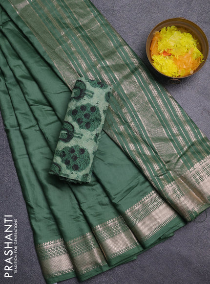 Semi chanderi saree green and green with plain body and zari woven border