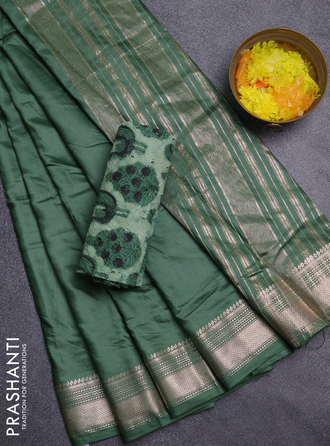 Semi chanderi saree green and green with plain body and zari woven border